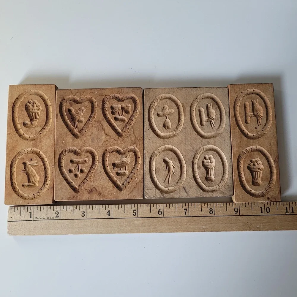 Antique Wooden Springerle Cookie Molds Set of 4 Hand Carved Owl, Rabbit, Hearts